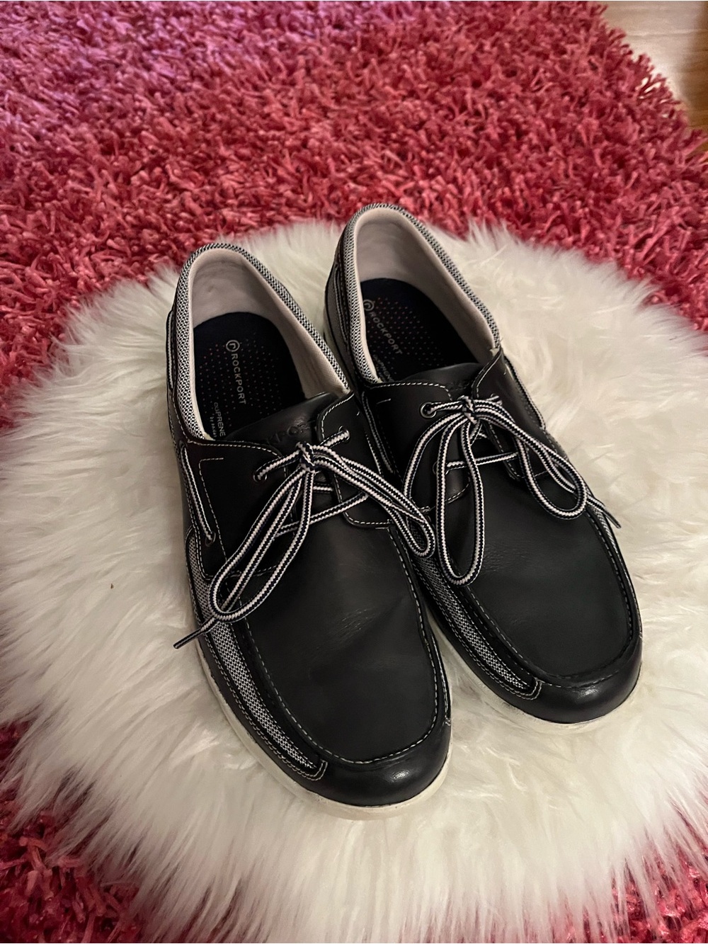 Rockport Blue Leather Boat Shoes with Contrast Stitching and Two-Tone Laces